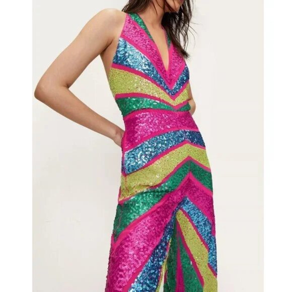 💋RETRO GLAM!💋 STUDIO 54 Halter Cut Out Wide-leg Jumpsuit in Stripe Sequin - Picture 4 of 15